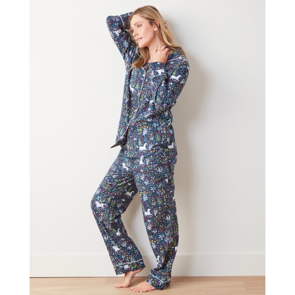 Printfresh Whimsical Unicorn Garden Long Pajama Set in Navy Size Small